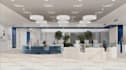 redesign modern lobby reception,seating lounge, glass facade,led light,staircase