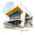 sketch architecture building with watercolor rendering