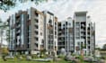 remodel residential building complex, communal garden, lush landscape rendering