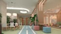 visualize 3d modern kids cafe,christmas restaurant render,play area, cake booth