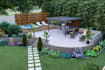 do backyard landscape design with pool, deck, pergola, and patio 3d renderings