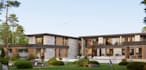 visualize 3d brick villa, wood facade design, bedrock, circular driveway render