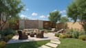 backyard landscape design with pool, patio, and garden 3d rendering