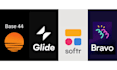 build no code app with bravo studio, base 44 website glide ui ux, softr webapp