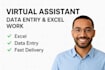 be your virtual assistant for data entry and excel work and admin tasks