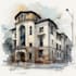 sketch architecture building with watercolor rendering