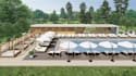 render 3d pool with terrace and cafe, revitalize pave area, cgi bathhouse design