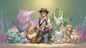 draw you pokemon trainer and their team with background
