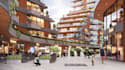 redesign 3d mixed use building,glass facade, private balcony,public plaza render