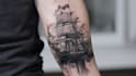 do black and white geometric custom tattoo, monoline logo