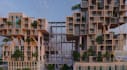 function mixed use building complex,garden elevation plan,modular facade design