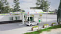 do3d petrol station,canopy structure,service room,mart,landscaping,scale element