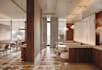 3d modern interior design, render minimalist restaurants in cozy style, cgi cafe