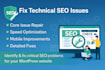do technical SEO audit for wordpress websites, find issues, bugs