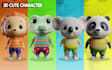 create cute 3d characters, animals, cartoon, mascot, modeling, and chibi