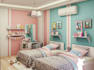 render 3d playroom interior, twin bedroom design,toy storage, functional layout