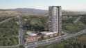 design modern high rise building, office tower rendering, topo landscape layout