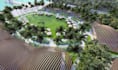 render beachfront community masterplan, coastal event space,3d resort courtyard