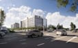 renovate old facade structure, commercial building render, office complex design