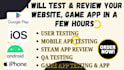 do website or app review, user testing and steam app review, ios, iphone, window