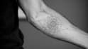 do black and white geometric custom tattoo, monoline logo