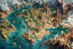make hand drawn map illustration of cities, fantasy,