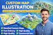design a custom 3d maps or 2d isometric, flat, vector, city map illustration