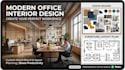 create modern office interior design with moodboard and furniture layout