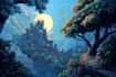 create a fantasy landscape, background illustration