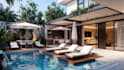 make interior design for 3d render apartment backyard garden, swimming pool