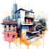 sketch architecture building with watercolor rendering