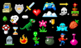create pixel game assets pack, icons, weapon, ul, props, rpg character