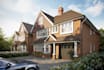 design 3d detached house,front elevation facade render,red brick masonry,rooftop