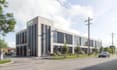 develop 3d commercial building,packing lot,urban environment,glass facade render