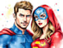 crate watercolor super hero couple portrait art