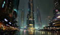 create detailed cyberpunk city background