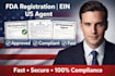 handle fda registration, compliance, US ein and registered agent