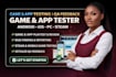 game testing playtest review app testing android ios pc steam game tester QA bug