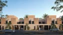 model row house development, real estate property, townhouse exterior rendering