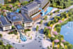 3d waterfront hotel complex, mixed use  commercial tower, urban cityscape render