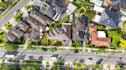 visualize 3d residential suburb,roofs solar panel,townhouses,aerial shots render