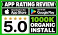 android app publish install, 500 users rating review, app, mobile app promotion