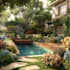 design landscape, terrace, backyard, pool, and patio