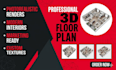 create 2d to 3d floor plan architectual interior  and exterior rendering 3d plan