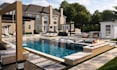create backyard design, landscape design, garden with pool, patio, 3d rendering