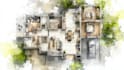 draw building and interior floor plans in watercolor