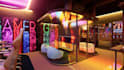 create 3d game lounge design, 3d game arcade, game arena, 3d game room