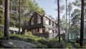 upgrade modern luxury forest house, cgi villa rendering, elevated terrace design