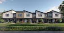 render modern residential community aerial, suburb development, townhome complex