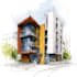 sketch architecture building with watercolor rendering